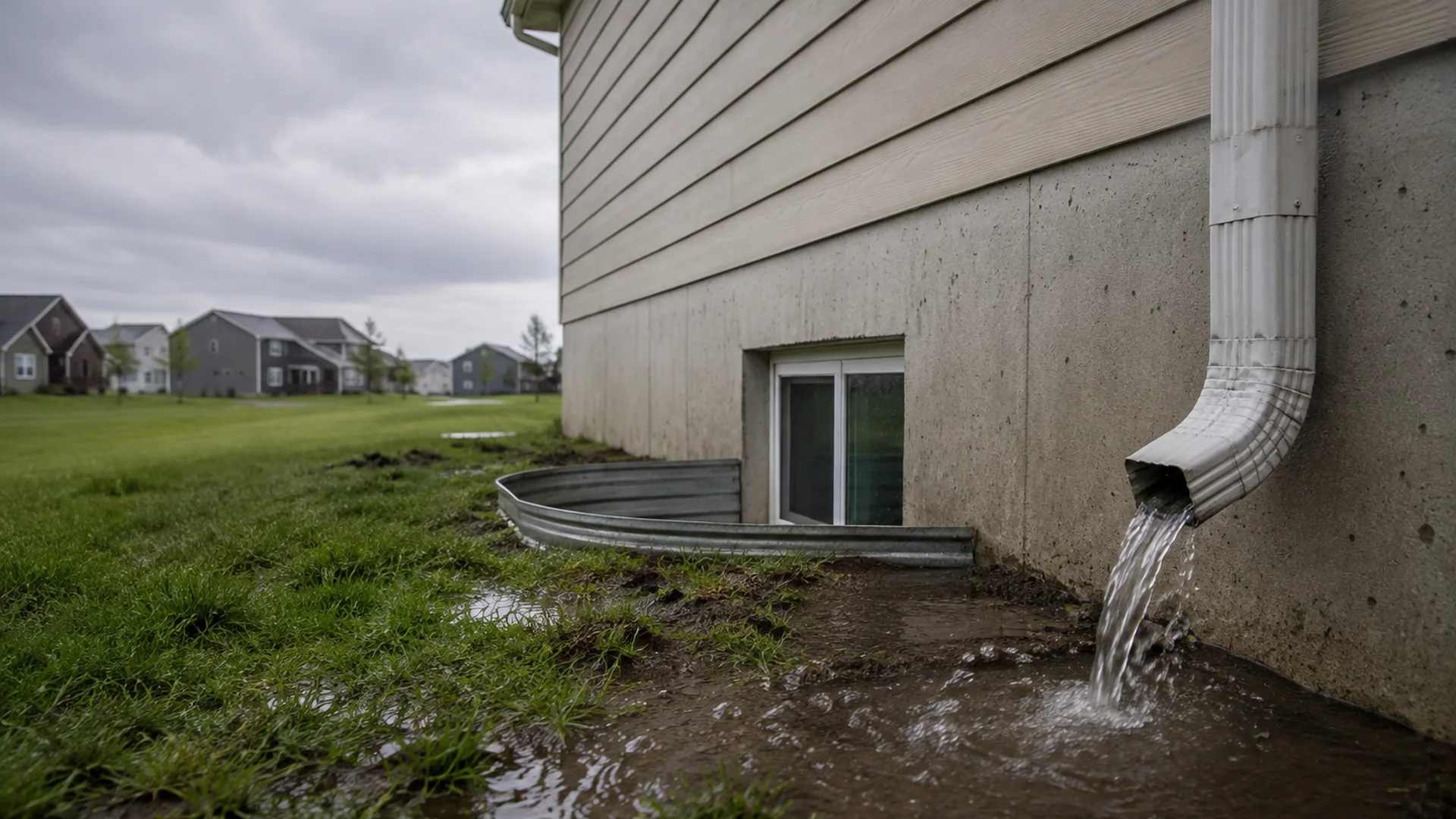 Rain pooling near a basement window well and foundation on a Grand Rapids-area home