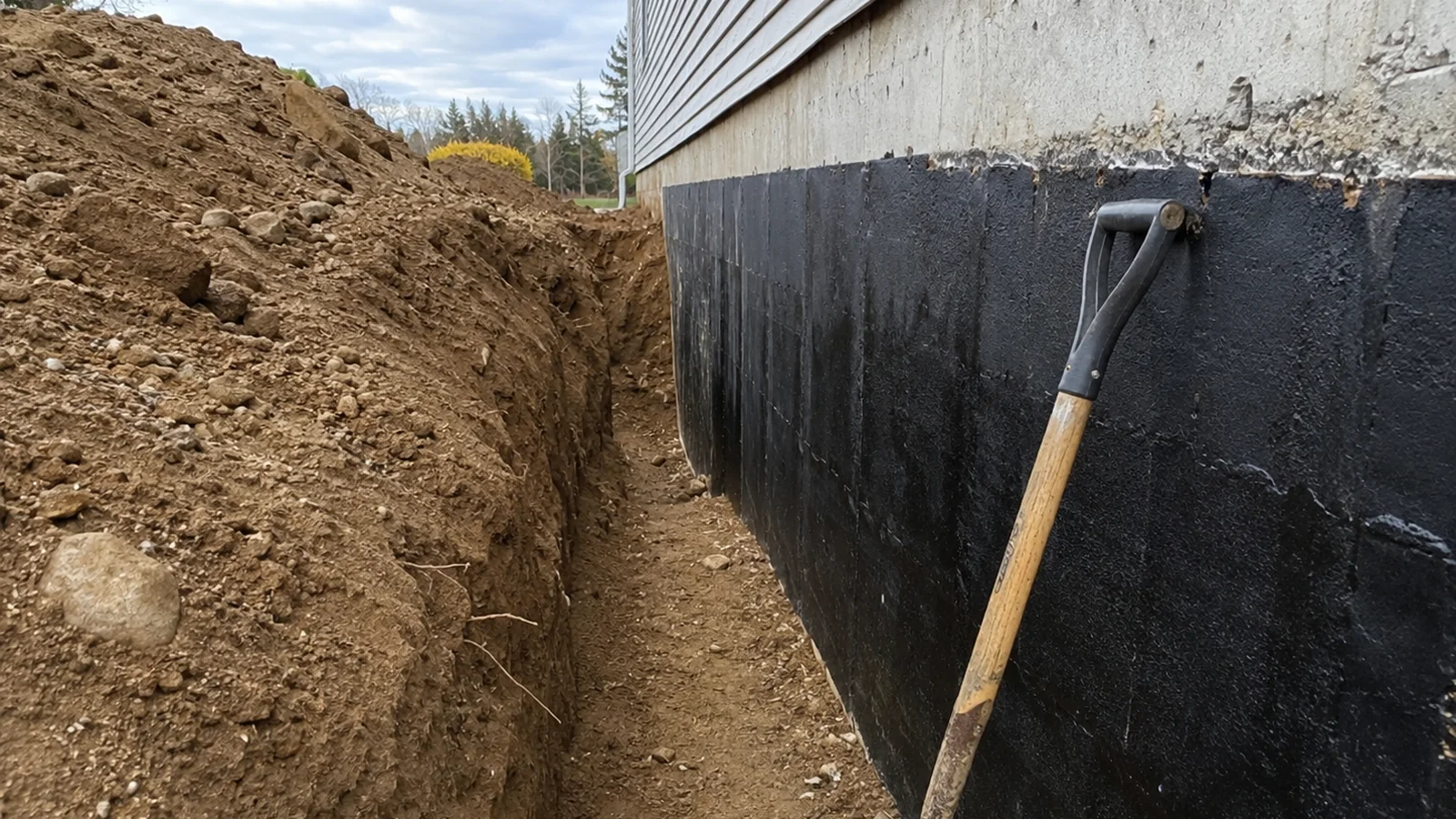 Exterior Foundation Waterproofing in progress in a Grand Rapids-area basement