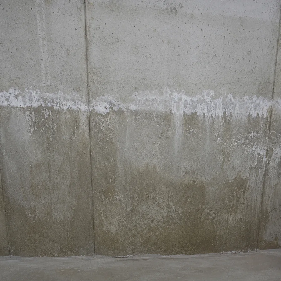 Water staining and mineral efflorescence on a concrete basement wall