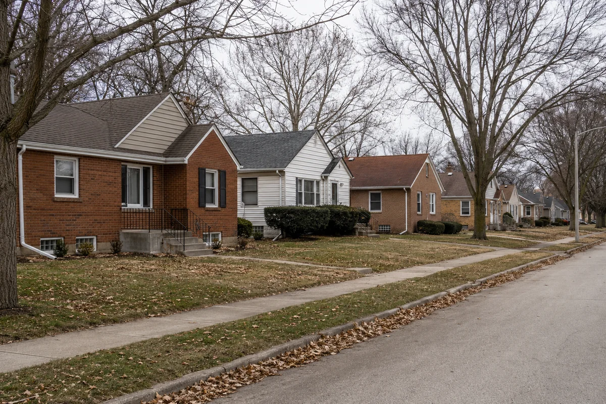 An established West Michigan residential street with older homes and mature trees